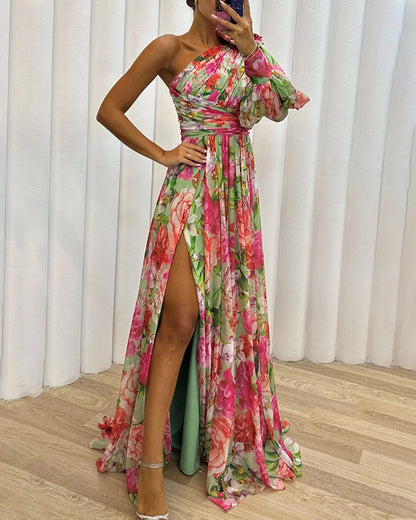 Capucine | Côté impression fente une manche Sexy Maxi Robe