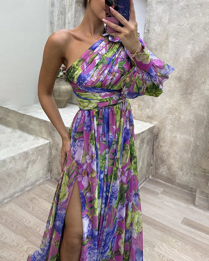 Capucine | Côté impression fente une manche Sexy Maxi Robe