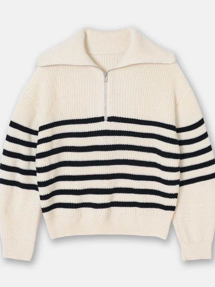 THE KONF™ | Pull tricoté féminin avec fermeture éclair FEMININO Essentielle S Blanc/Noir 
