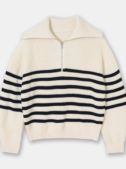 THE KONF™ | Pull tricoté féminin avec fermeture éclair FEMININO Essentielle S Blanc/Noir 