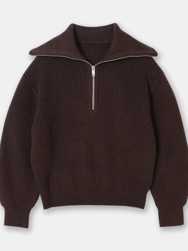 THE KONF™ | Pull tricoté féminin avec fermeture éclair FEMININO Essentielle S Brun 